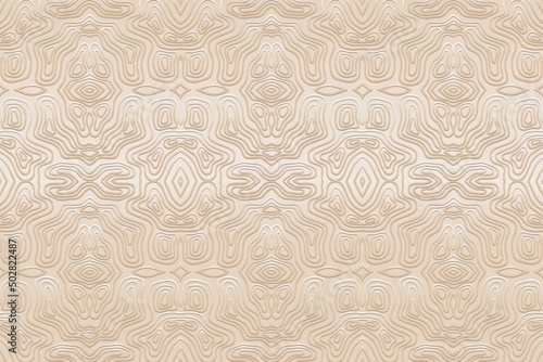 Vintage satin embossed light background, exotic cover design. Geometric unique 3D pattern, ethnic texture in hand drawn style. Oriental, Asian, Indian, Mexican, Aztec, Peru motifs.