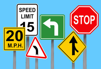 Collection of different traffic signs on turquoise background