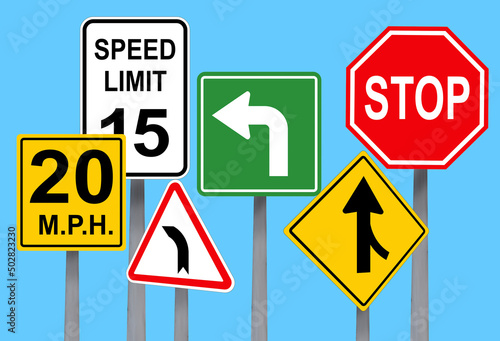 Billede på lærred Collection of different traffic signs on turquoise background