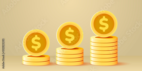 Growing stack of golden dollar coins. Economics concept.