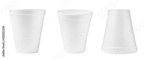 Set with styrofoam cups on white background. Banner design