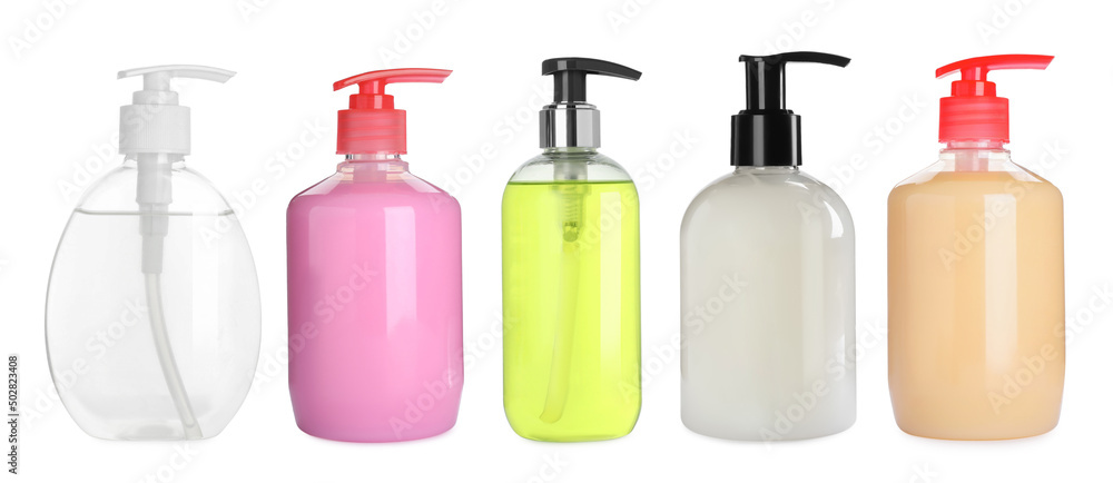 Set with different bottles of liquid soap on white background. Banner design Set with different bottles of liquid soap on white background. Banner design