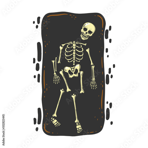 Skeleton bones and human remains found in archaeological excavations in prehistoric grave color sketch engraving vector illustration. T-shirt apparel print design. Black and white hand drawn image.