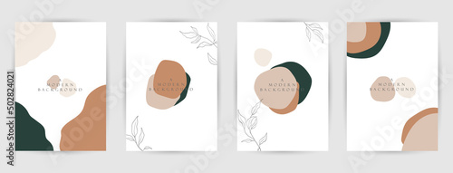 Modern abstract background. Social media stories and post creative Vector set. cover, invitation, banner, placard, brochure, poster, card, flyer and other. Tropical leaves warm color of the earth tone