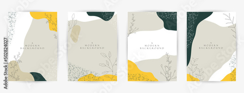 Modern abstract background. Social media stories and post creative Vector set. cover, invitation, banner, placard, brochure, poster, card, flyer and other. Tropical leaves warm color of the earth tone