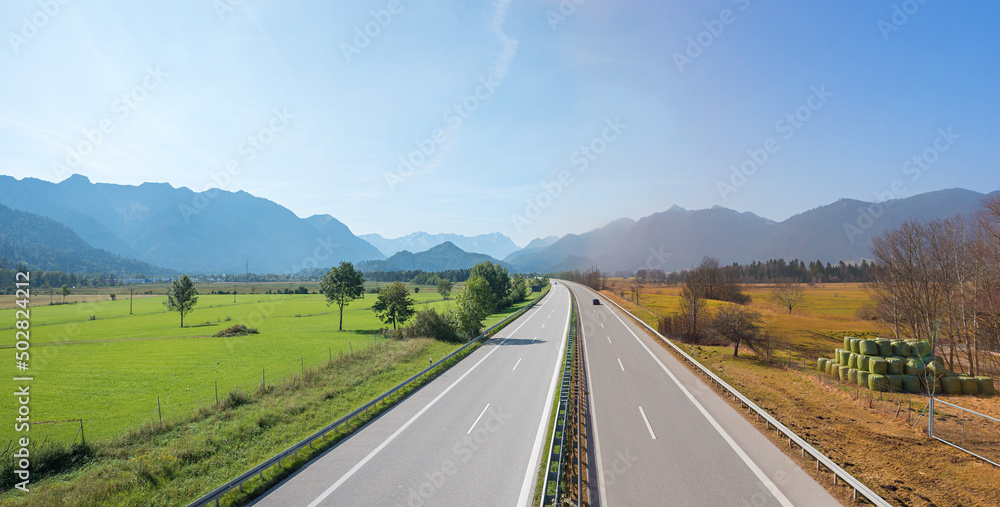 view from the bridge to highway Garmisch-Partenkirchen, spring and autumn landscape