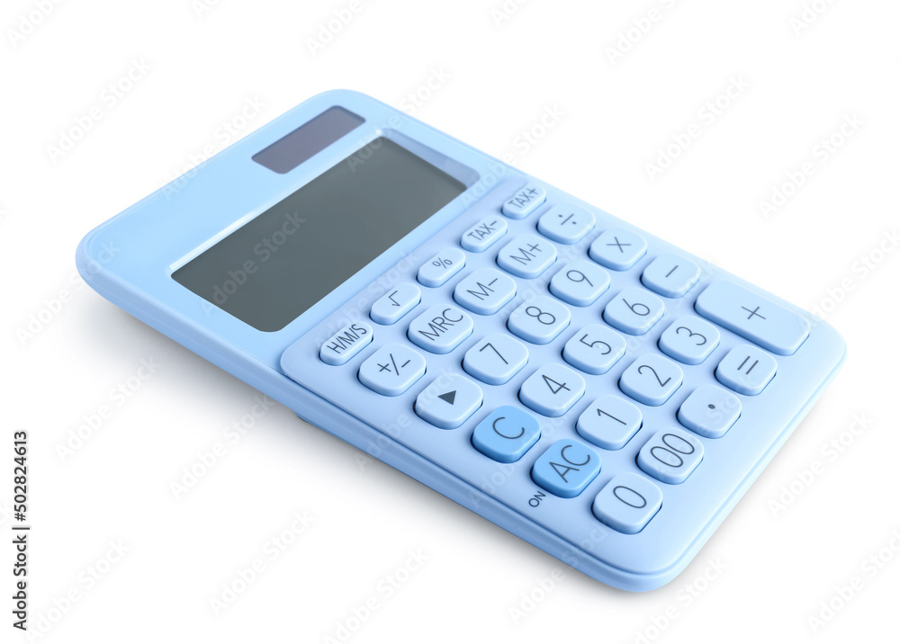 Light blue calculator on white background. School stationery Light blue calculator on white background. School stationery