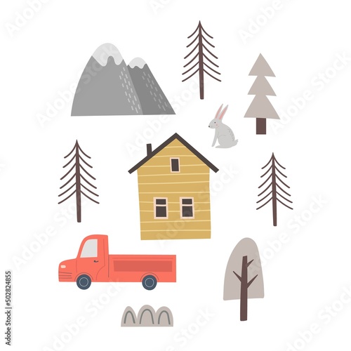 Forest house booking and rent. Modern apartments for rest on nature, mountain lodge at national park area, camping. Travelling by car, hand drawn doodle scandinavian style. Vector hotel poster.