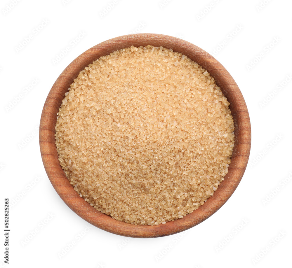 Brown sugar in wooden bowl isolated on white, top view Brown sugar in wooden bowl isolated on white, top view