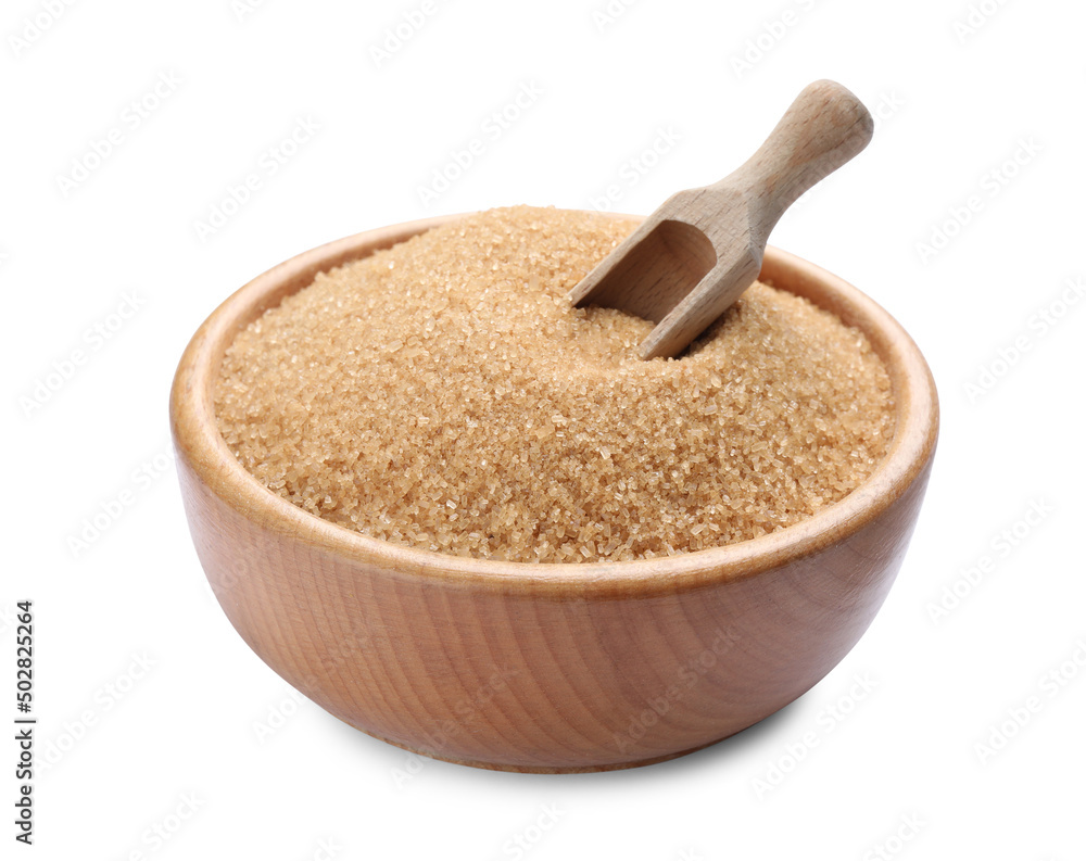 Brown sugar and scoop in wooden bowl isolated on white Brown sugar and scoop in wooden bowl isolated on white