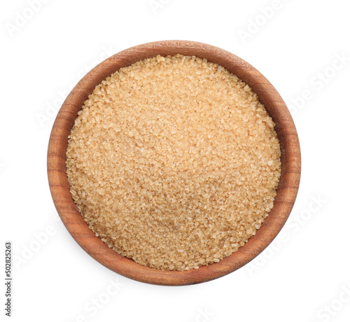 Brown sugar in wooden bowl isolated on white, top view