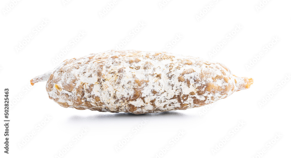 Traditional sausage with white mold. Dried pork salami isolated on white background.