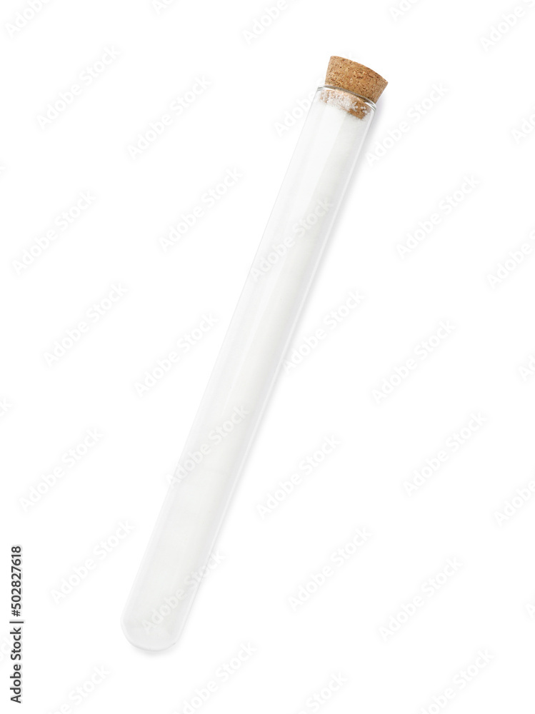 Glass tube with salt on white background, top view Glass tube with salt on white background, top view