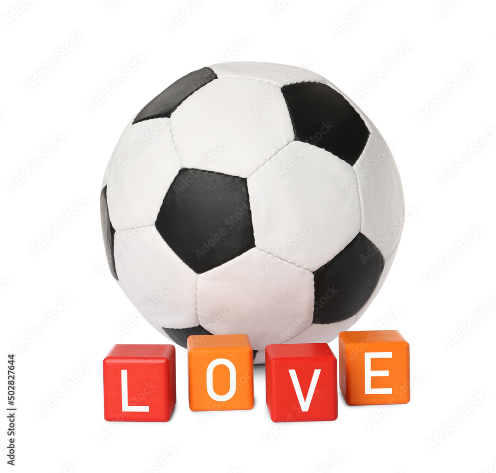 Soccer ball and cubes with word Love on white background Soccer ball and cubes with word Love on white background