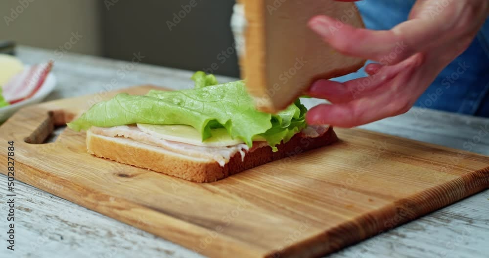 Close up shot of young woman making sandwich in kitchen. Breackfast at home