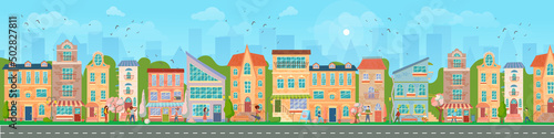 Fototapeta Naklejka Na Ścianę i Meble -  City street. Panoramic cityscape with bright houses, walking pedestrians, flowering trees. Shop and stores. Spring city. Vector illustration in cartoon style.