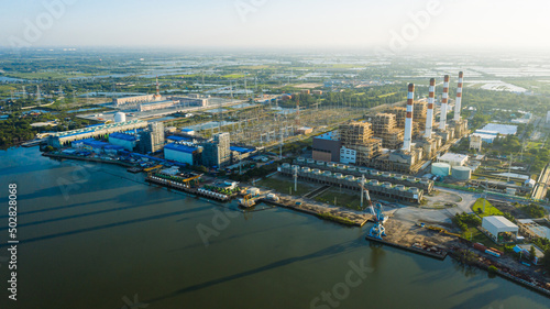 Aerial view bang pakong power plant of gas power plant. Thermal power plants and fuel oil. Electricity Authority Station, electrical power plant. morning time. photo