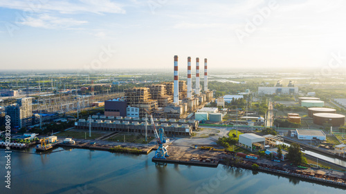 Aerial view bang pakong power plant of gas power plant. Thermal power plants and fuel oil. Electricity Authority Station, electrical power plant. morning time.