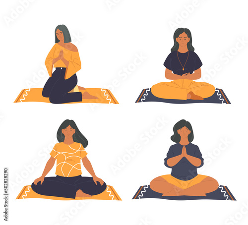 Meditation practice or pranayama, vector icons set