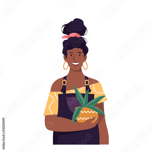 Florist with houseplant, vector icon or banner.