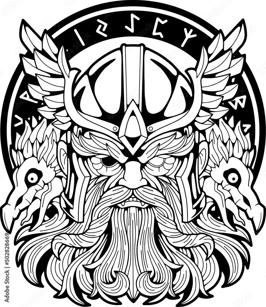 scandinavian god Odin, contour illustration, logo scandinavian god Odin, contour illustration, logo