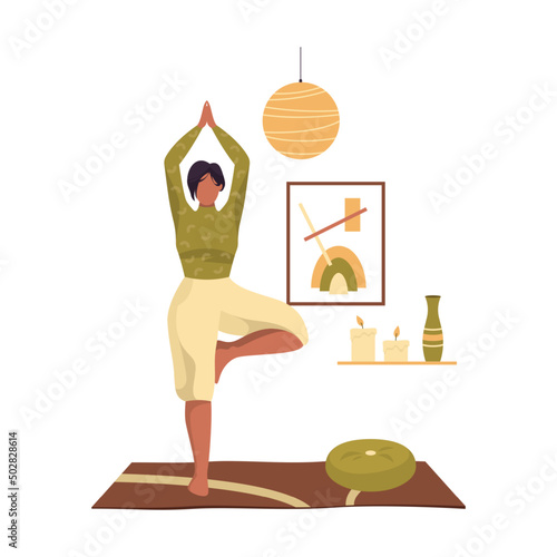 Yoga tree pose or vrksasana, vector banner