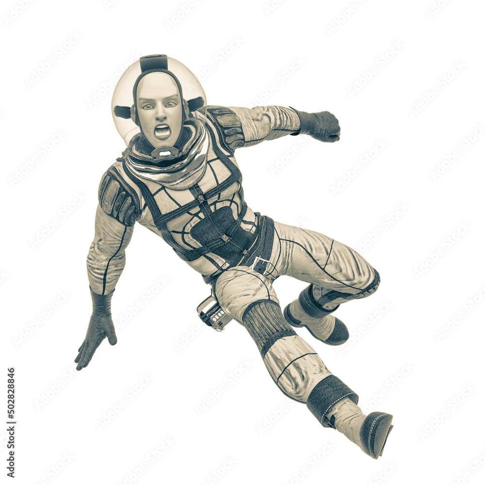 retro space astronaut is doing a parkour attack pose