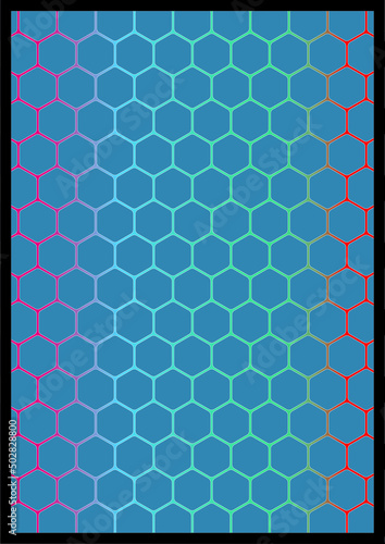 colored array of hexagon tiles on a gradient background with a black border. Hexagonal navy blue tiles with different colors in the gaps