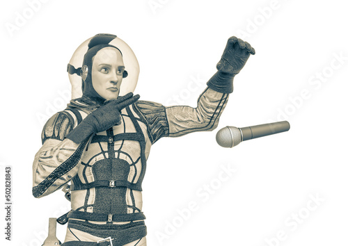 retro space astronaut is doing a mic drop meme pose © DM7