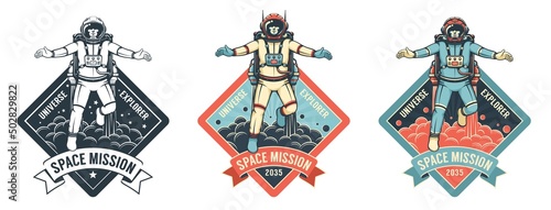 Vintage space badge with astronaut in spacesuit. Cosmonaut with jetpack - vintage logo. Vector image.