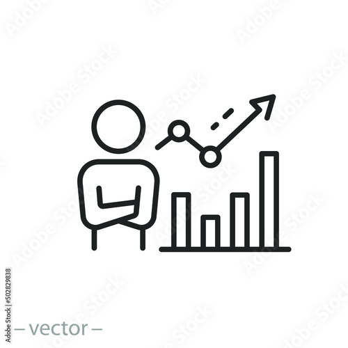 broker icon, growth stock market, profit analytics chart, financial data, thin line symbol on white background - editable stroke vector illustration