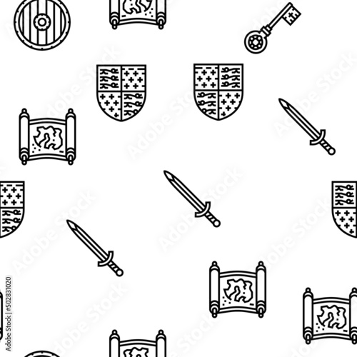 Medieval Warrior Weapon And Armor Vector Seamless Pattern Thin Line Illustration