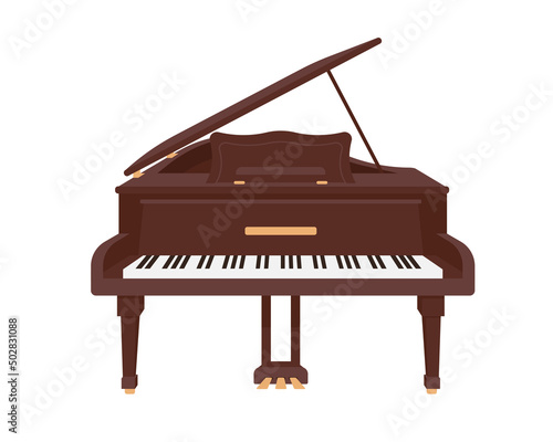 Grand Piano isolated on white background. Classical wooden piano Keyboard musical instrument icon. Vector illustration in flat or cartoon style.