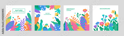 Set of cards with simple leaves and flowers. Abstract foliage design. Modern floral collection in flat style. Vector illustration.
