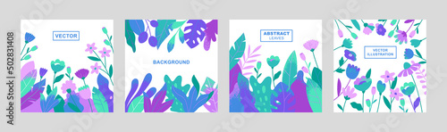 Set of cards with simple leaves and flowers. Abstract foliage design. Modern floral collection in flat style. Vector illustration.