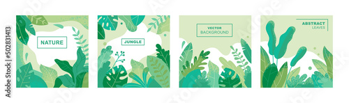 Set of cards with simple leaves and flowers. Abstract foliage design. Modern floral collection in flat style. Vector illustration.