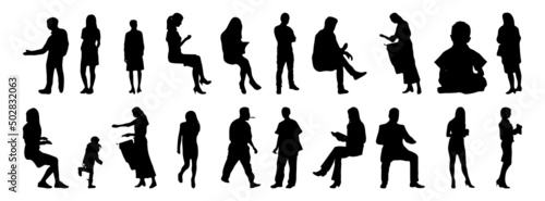 Vector silhouettes, Outline silhouettes of people, Contour drawing, people silhouette, Icon Set Isolated, Silhouette of sitting people, Architectural set	
