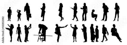 Vector silhouettes, Outline silhouettes of people, Contour drawing, people silhouette, Icon Set Isolated, Silhouette of sitting people, Architectural set	
