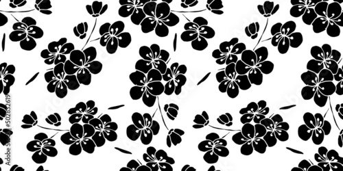 Black sakura  seamless pattern. Vector illustration in boho style for wrapping paper, textile, backgrounds.