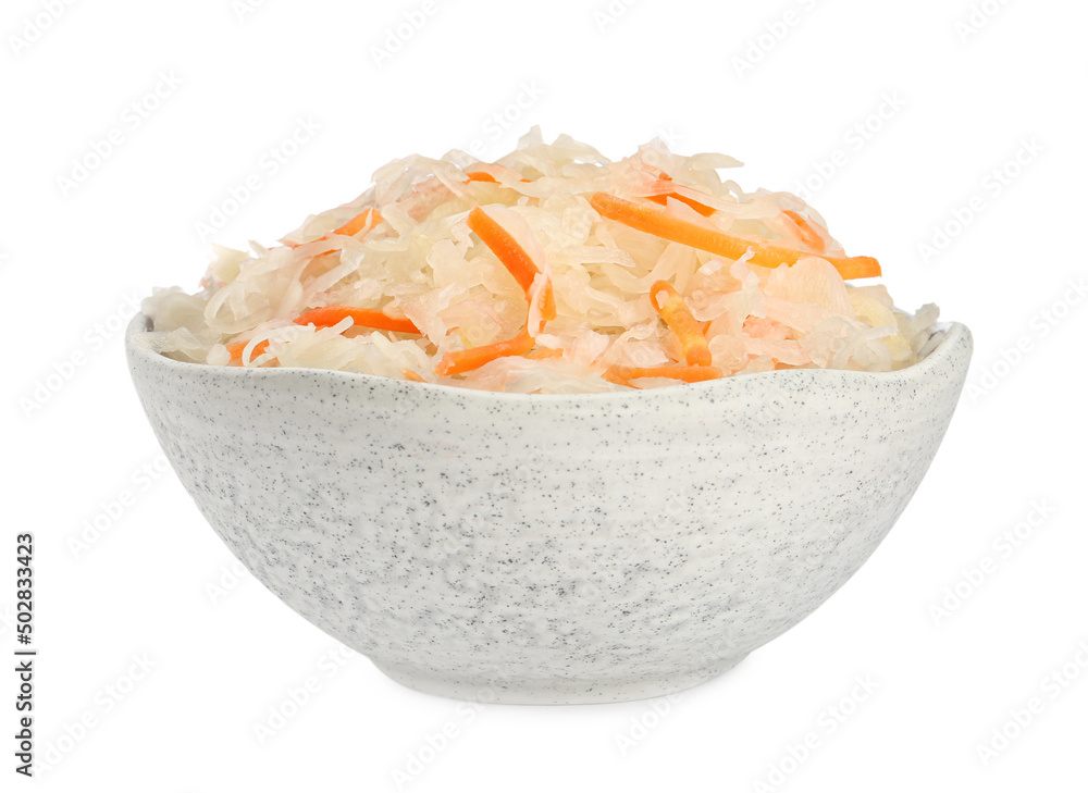 Bowl of tasty sauerkraut with carrot on white background Bowl of tasty sauerkraut with carrot on white background