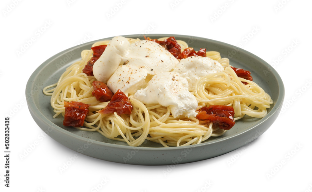 Delicious spaghetti with burrata cheese and sun dried tomatoes isolated on white Delicious spaghetti with burrata cheese and sun dried tomatoes isolated on white