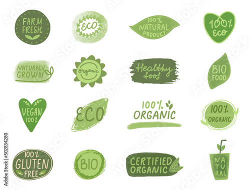 Organic certified label set. Nature vegetarian badge. Vegan healthy food logo. Farm fresh icon. Eco fiendly, bio product. Circle tag. Green leaf emblem. Quality symbol.Gluten free.Vector illustration