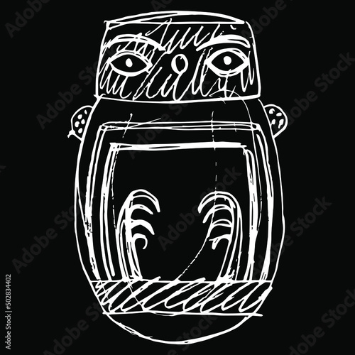 Stylized owl bird in egg shape. Ancient Peruvian animal design. Native American art. Nazca pottery. Hand drawn linear doodle rough sketch. White silhouette on black background.