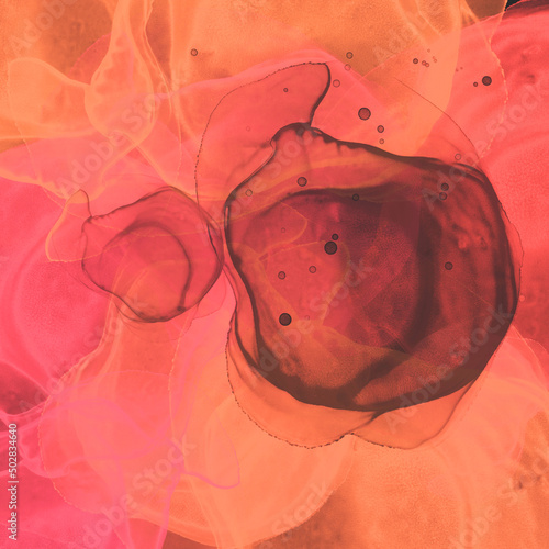 Canvas Print A square of lurid orange, pink and black, transparent colors, abstract fluid flo