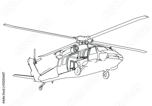 Military helicopter drawing line art vector illustration. Cartoon helicopter drawing for coloring book for kids and children.