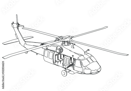 Military helicopter drawing line art vector illustration. Cartoon helicopter drawing for coloring book for kids and children. © kurtcan