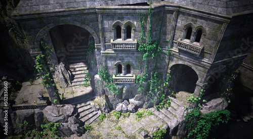 Top view on a ruins of the sacred stone temple with green vegetation. Beautiful natural wallpaper. 3D illustration.