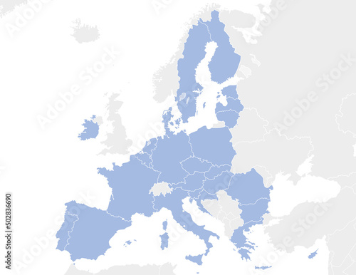 A political map of the European union in the year 2022. The member states are in light blue. 