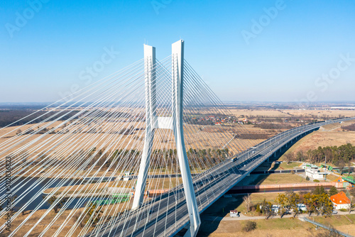 Huge white bridge with pylons, aerial photo, Wroclaw, Poland © Vladyslav