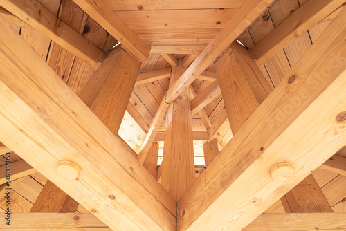 Wooden roof structures. Wooden connections in the ceiling with various connections